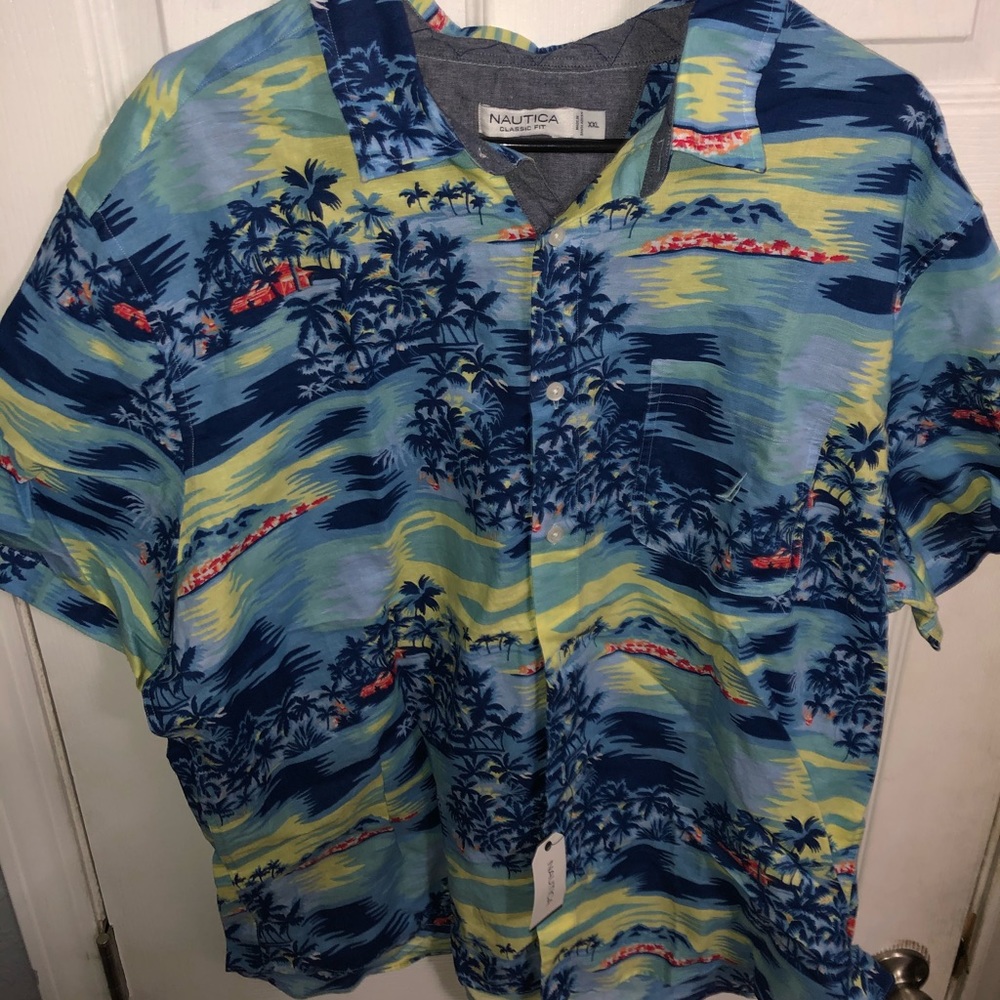 NAUTICA LINEN TIKI ISLAND BUTTON UP DRESS SHIRT